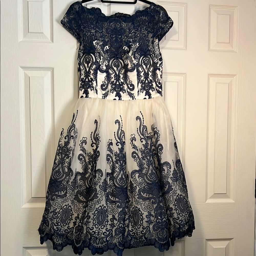 Chi Chi London Blue Midi Dress with Flutter Cap Sleeves and Crew Neck